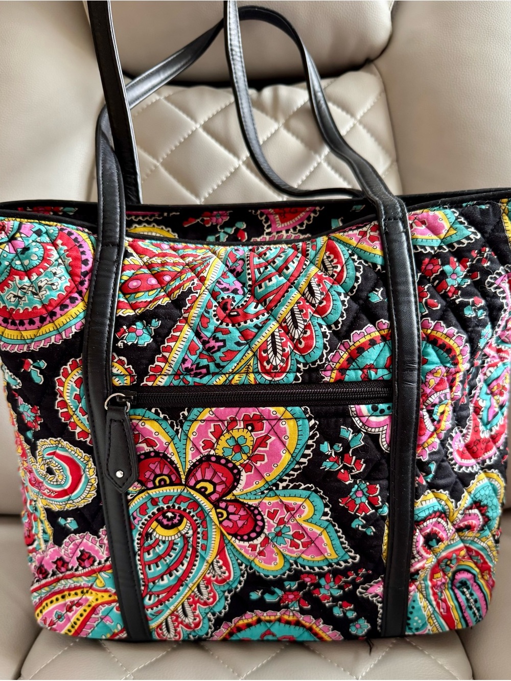 Vera Bradley Black Quilted Paisley Tote with Pink, Turquoise & Yellow Accents